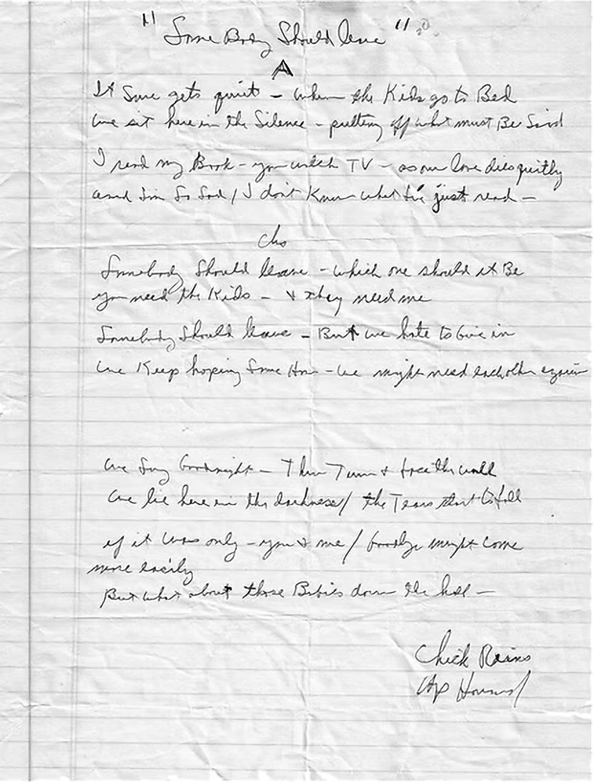 The handwritten lyric sheet for 